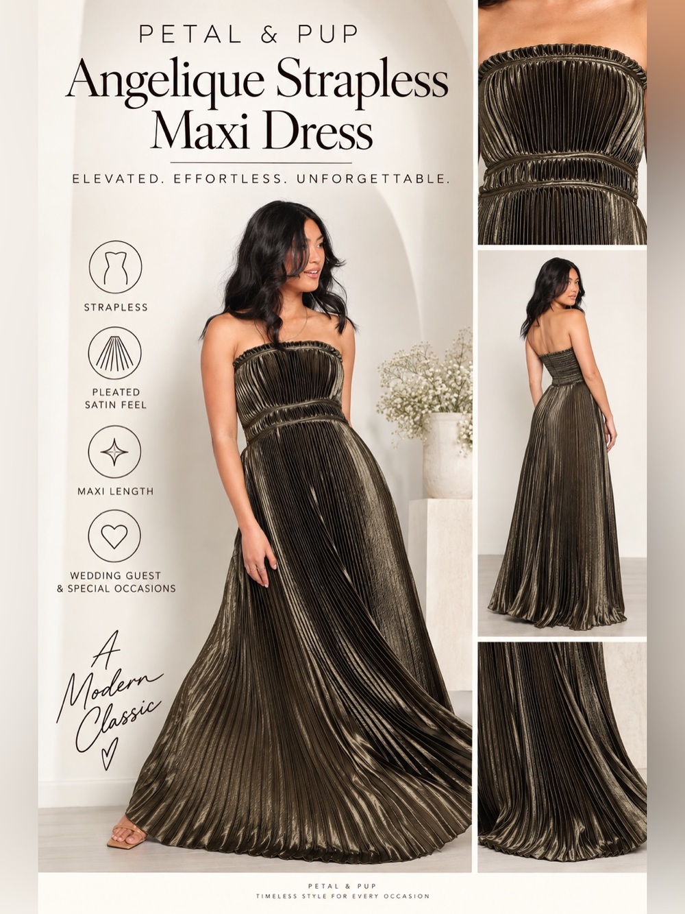 NEW Petal & Pup Angelique Olive Strapless Pleated Maxi Dress Wedding Guest Forma - Picture 6 of 9